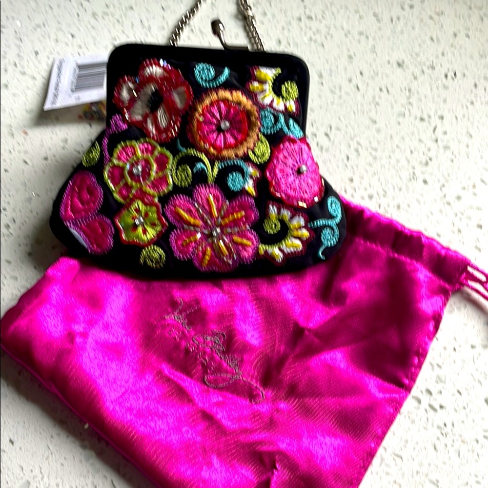 Floral Embroidered Black Clutch